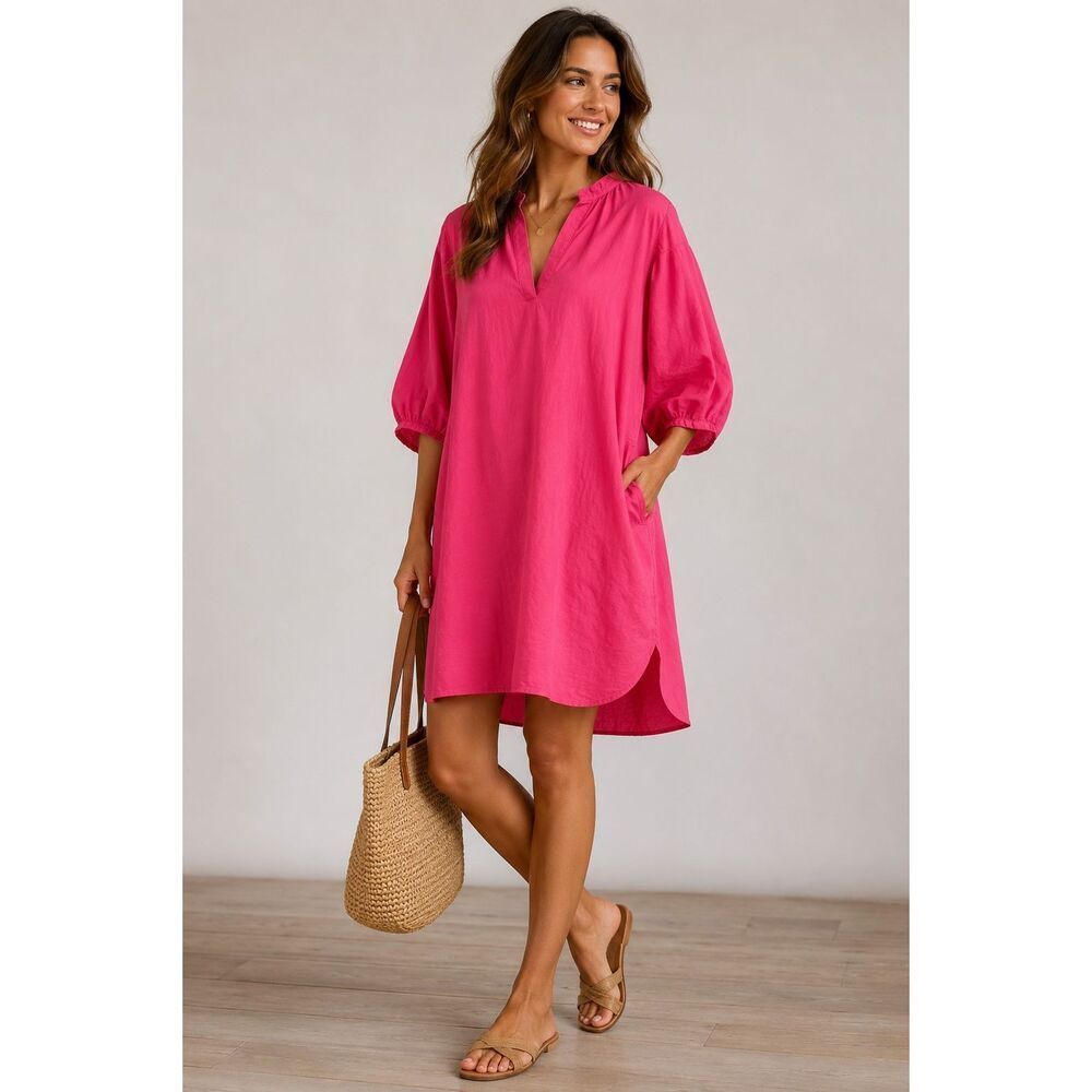 H&M Linen Blend Pink V-Neck Balloon Sleeve Tunic Dress Women’s XL